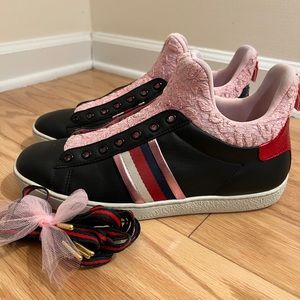 GUCCI Calfskin Lace Ayers Sylvie Web Womens New Ace High Top Sneakers 40 Black